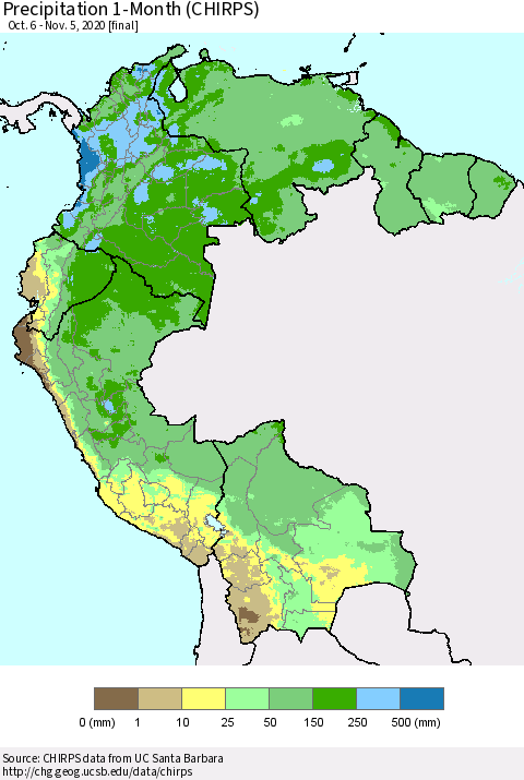 Northern South America Precipitation 1-Month (CHIRPS) Thematic Map For 10/6/2020 - 11/5/2020