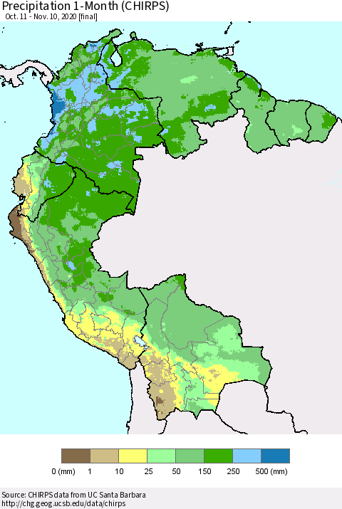 Northern South America Precipitation 1-Month (CHIRPS) Thematic Map For 10/11/2020 - 11/10/2020