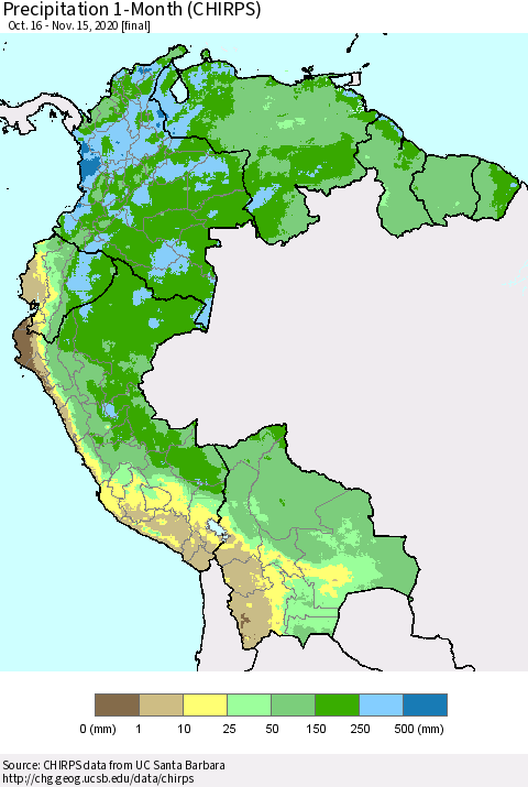 Northern South America Precipitation 1-Month (CHIRPS) Thematic Map For 10/16/2020 - 11/15/2020