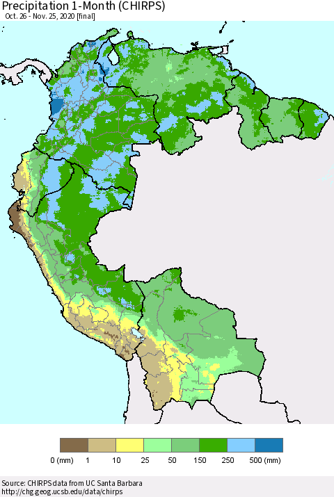 Northern South America Precipitation 1-Month (CHIRPS) Thematic Map For 10/26/2020 - 11/25/2020