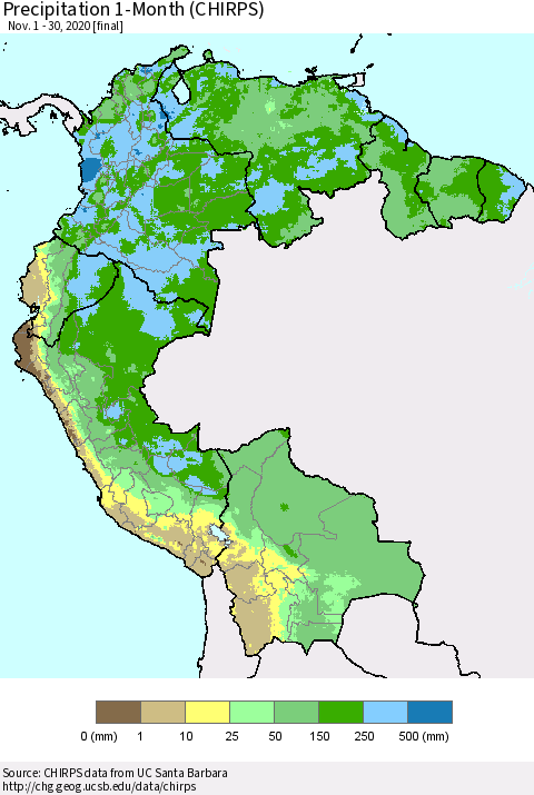 Northern South America Precipitation 1-Month (CHIRPS) Thematic Map For 11/1/2020 - 11/30/2020