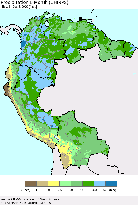 Northern South America Precipitation 1-Month (CHIRPS) Thematic Map For 11/6/2020 - 12/5/2020