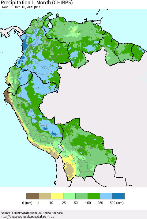 Northern South America Precipitation 1-Month (CHIRPS) Thematic Map For 11/11/2020 - 12/10/2020