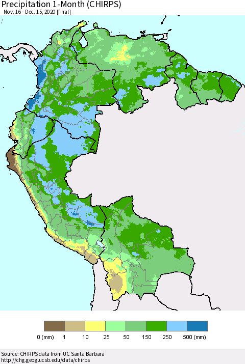 Northern South America Precipitation 1-Month (CHIRPS) Thematic Map For 11/16/2020 - 12/15/2020