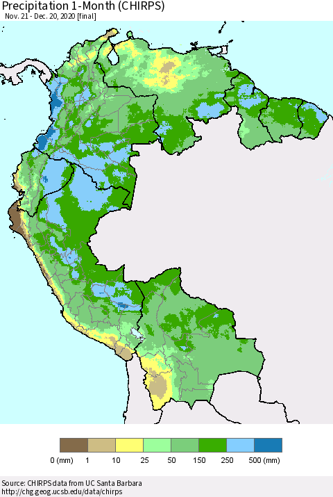 Northern South America Precipitation 1-Month (CHIRPS) Thematic Map For 11/21/2020 - 12/20/2020