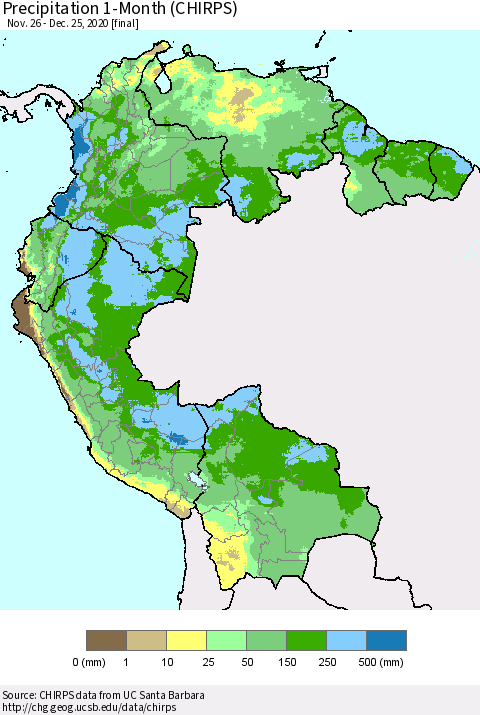 Northern South America Precipitation 1-Month (CHIRPS) Thematic Map For 11/26/2020 - 12/25/2020