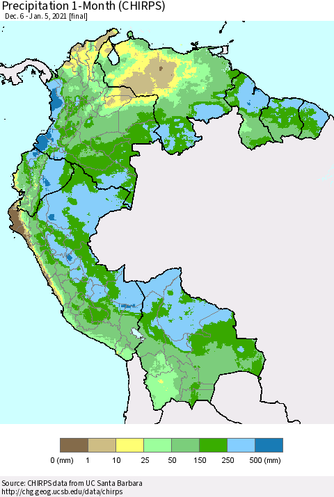 Northern South America Precipitation 1-Month (CHIRPS) Thematic Map For 12/6/2020 - 1/5/2021