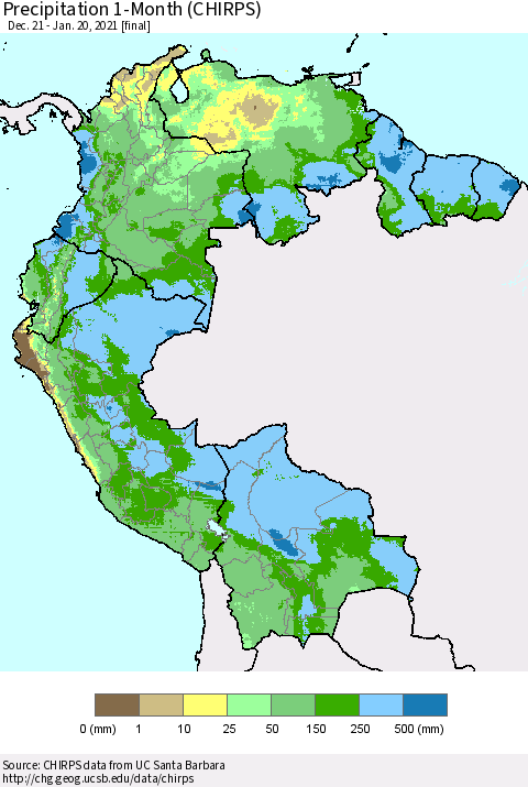 Northern South America Precipitation 1-Month (CHIRPS) Thematic Map For 12/21/2020 - 1/20/2021