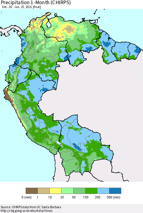 Northern South America Precipitation 1-Month (CHIRPS) Thematic Map For 12/26/2020 - 1/25/2021