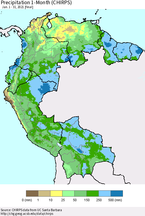 Northern South America Precipitation 1-Month (CHIRPS) Thematic Map For 1/1/2021 - 1/31/2021