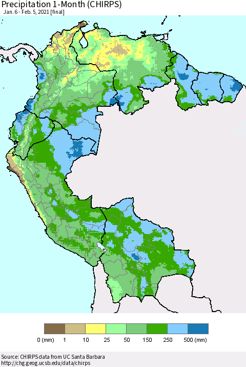 Northern South America Precipitation 1-Month (CHIRPS) Thematic Map For 1/6/2021 - 2/5/2021