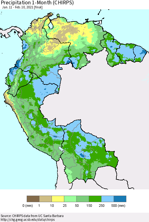 Northern South America Precipitation 1-Month (CHIRPS) Thematic Map For 1/11/2021 - 2/10/2021