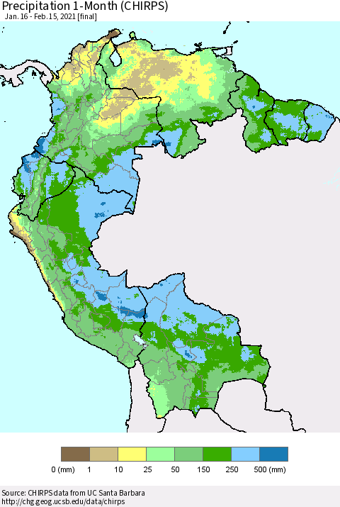 Northern South America Precipitation 1-Month (CHIRPS) Thematic Map For 1/16/2021 - 2/15/2021
