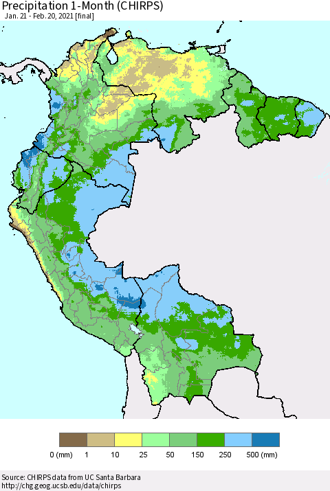 Northern South America Precipitation 1-Month (CHIRPS) Thematic Map For 1/21/2021 - 2/20/2021