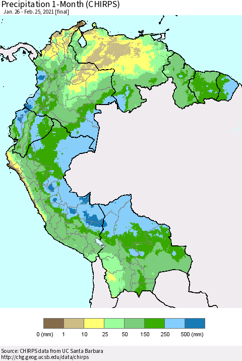 Northern South America Precipitation 1-Month (CHIRPS) Thematic Map For 1/26/2021 - 2/25/2021