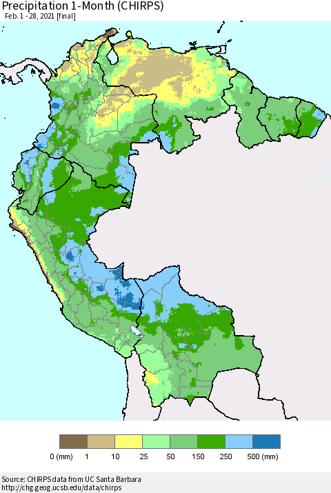 Northern South America Precipitation 1-Month (CHIRPS) Thematic Map For 2/1/2021 - 2/28/2021