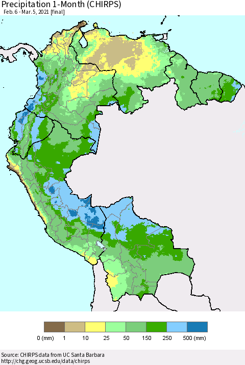 Northern South America Precipitation 1-Month (CHIRPS) Thematic Map For 2/6/2021 - 3/5/2021