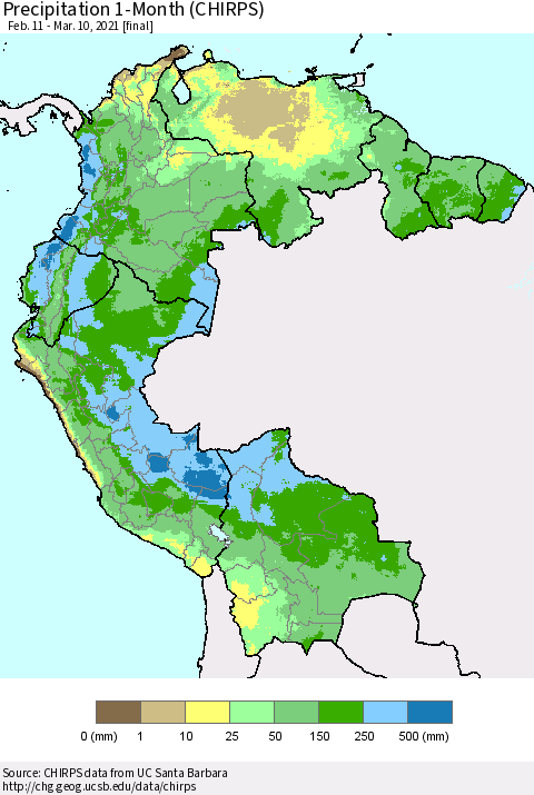 Northern South America Precipitation 1-Month (CHIRPS) Thematic Map For 2/11/2021 - 3/10/2021