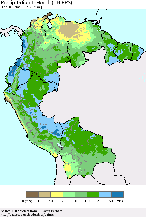 Northern South America Precipitation 1-Month (CHIRPS) Thematic Map For 2/16/2021 - 3/15/2021