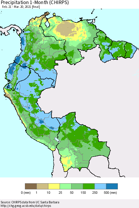 Northern South America Precipitation 1-Month (CHIRPS) Thematic Map For 2/21/2021 - 3/20/2021
