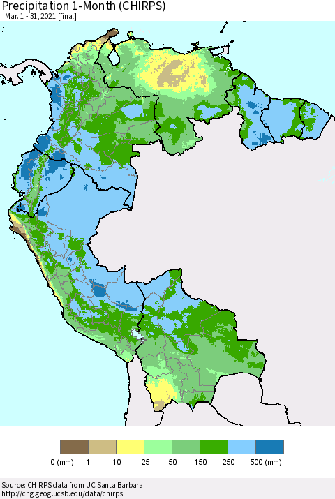 Northern South America Precipitation 1-Month (CHIRPS) Thematic Map For 3/1/2021 - 3/31/2021