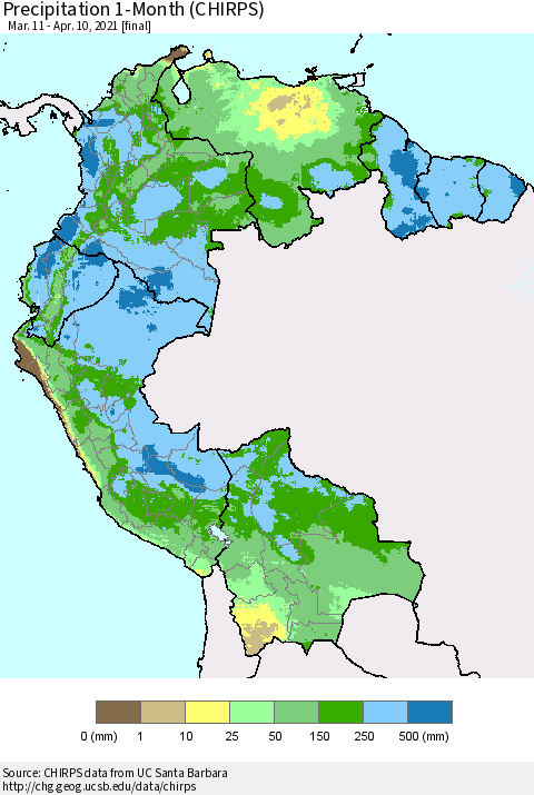 Northern South America Precipitation 1-Month (CHIRPS) Thematic Map For 3/11/2021 - 4/10/2021