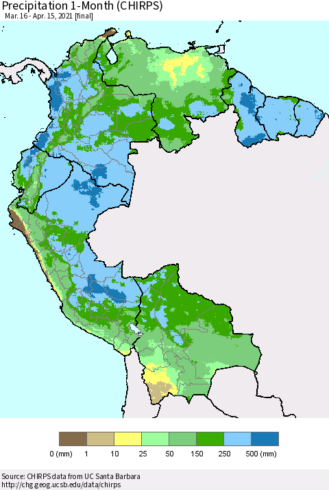 Northern South America Precipitation 1-Month (CHIRPS) Thematic Map For 3/16/2021 - 4/15/2021