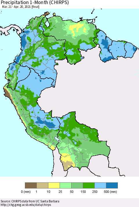 Northern South America Precipitation 1-Month (CHIRPS) Thematic Map For 3/21/2021 - 4/20/2021