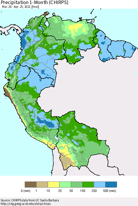 Northern South America Precipitation 1-Month (CHIRPS) Thematic Map For 3/26/2021 - 4/25/2021