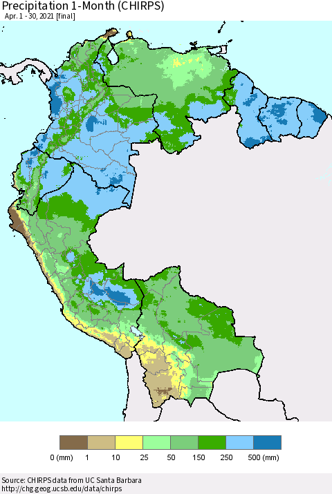 Northern South America Precipitation 1-Month (CHIRPS) Thematic Map For 4/1/2021 - 4/30/2021