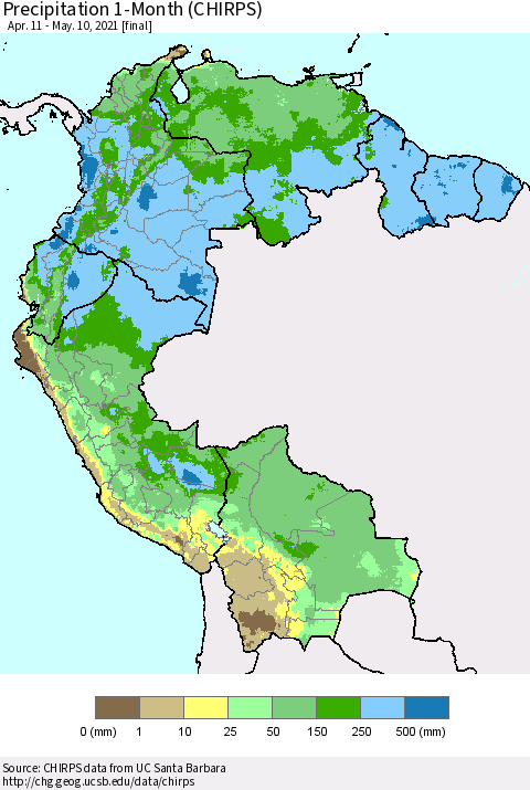 Northern South America Precipitation 1-Month (CHIRPS) Thematic Map For 4/11/2021 - 5/10/2021