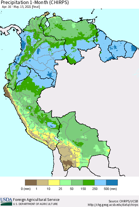 Northern South America Precipitation 1-Month (CHIRPS) Thematic Map For 4/16/2021 - 5/15/2021