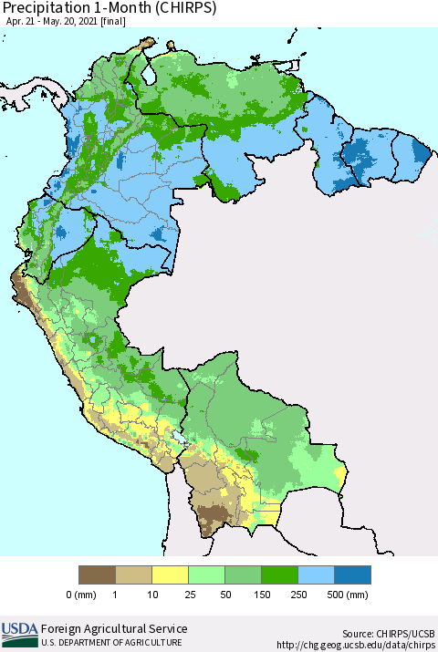 Northern South America Precipitation 1-Month (CHIRPS) Thematic Map For 4/21/2021 - 5/20/2021