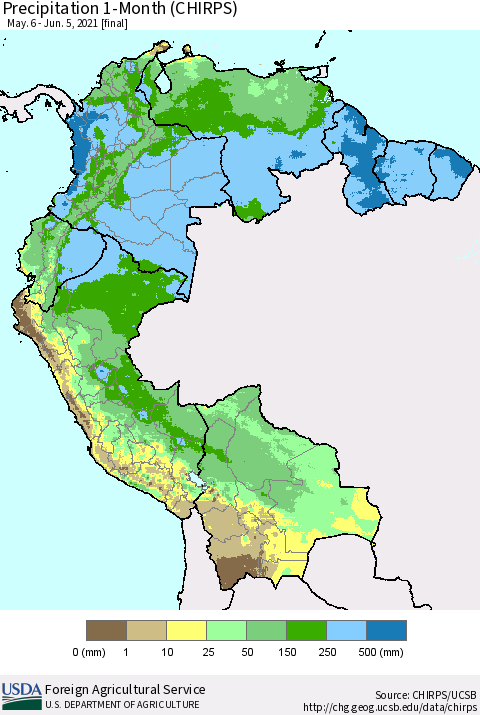 Northern South America Precipitation 1-Month (CHIRPS) Thematic Map For 5/6/2021 - 6/5/2021