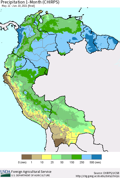 Northern South America Precipitation 1-Month (CHIRPS) Thematic Map For 5/11/2021 - 6/10/2021