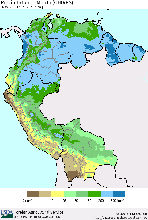 Northern South America Precipitation 1-Month (CHIRPS) Thematic Map For 5/21/2021 - 6/20/2021