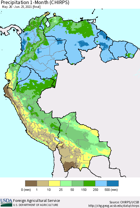 Northern South America Precipitation 1-Month (CHIRPS) Thematic Map For 5/26/2021 - 6/25/2021