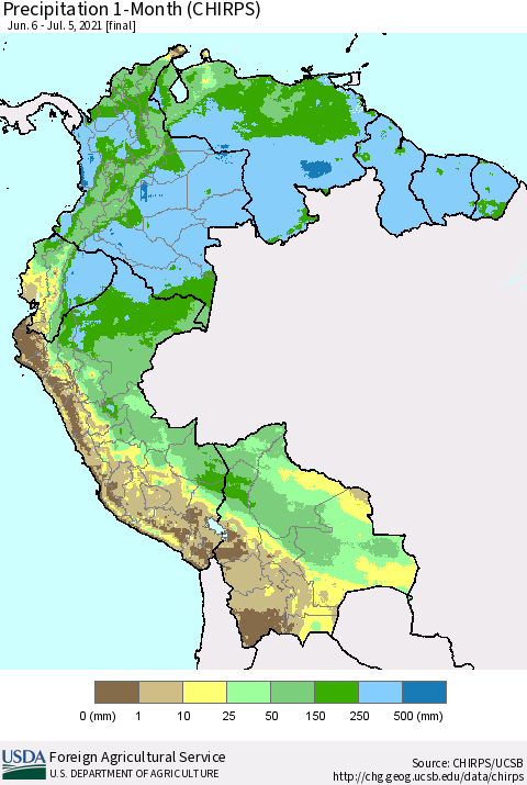 Northern South America Precipitation 1-Month (CHIRPS) Thematic Map For 6/6/2021 - 7/5/2021