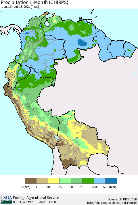Northern South America Precipitation 1-Month (CHIRPS) Thematic Map For 6/16/2021 - 7/15/2021