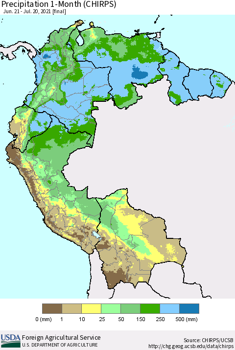 Northern South America Precipitation 1-Month (CHIRPS) Thematic Map For 6/21/2021 - 7/20/2021
