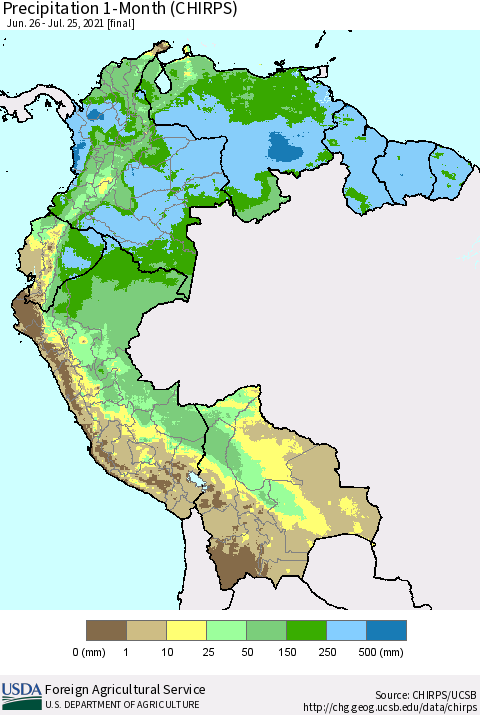 Northern South America Precipitation 1-Month (CHIRPS) Thematic Map For 6/26/2021 - 7/25/2021