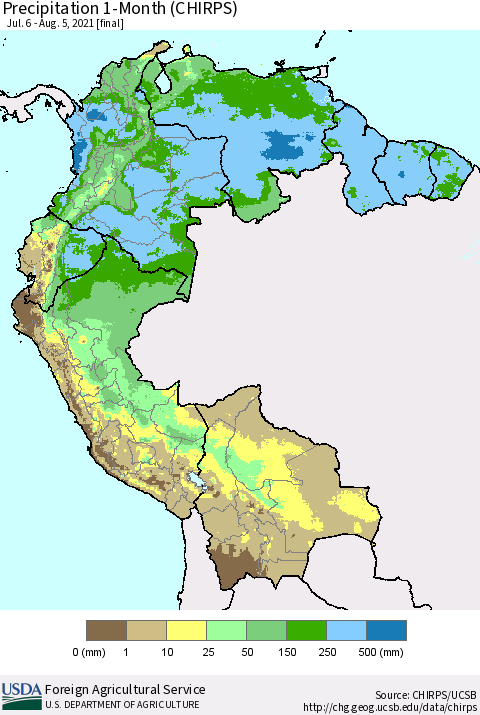 Northern South America Precipitation 1-Month (CHIRPS) Thematic Map For 7/6/2021 - 8/5/2021