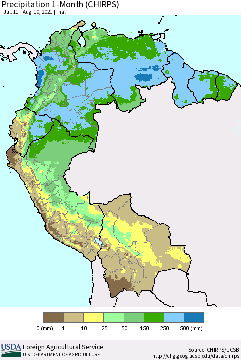 Northern South America Precipitation 1-Month (CHIRPS) Thematic Map For 7/11/2021 - 8/10/2021