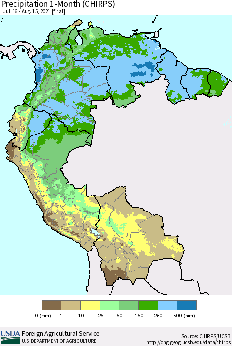 Northern South America Precipitation 1-Month (CHIRPS) Thematic Map For 7/16/2021 - 8/15/2021
