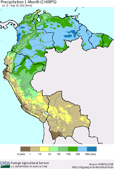 Northern South America Precipitation 1-Month (CHIRPS) Thematic Map For 7/21/2021 - 8/20/2021