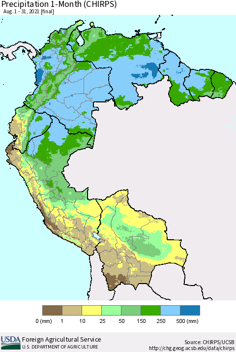 Northern South America Precipitation 1-Month (CHIRPS) Thematic Map For 8/1/2021 - 8/31/2021