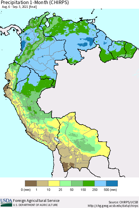 Northern South America Precipitation 1-Month (CHIRPS) Thematic Map For 8/6/2021 - 9/5/2021