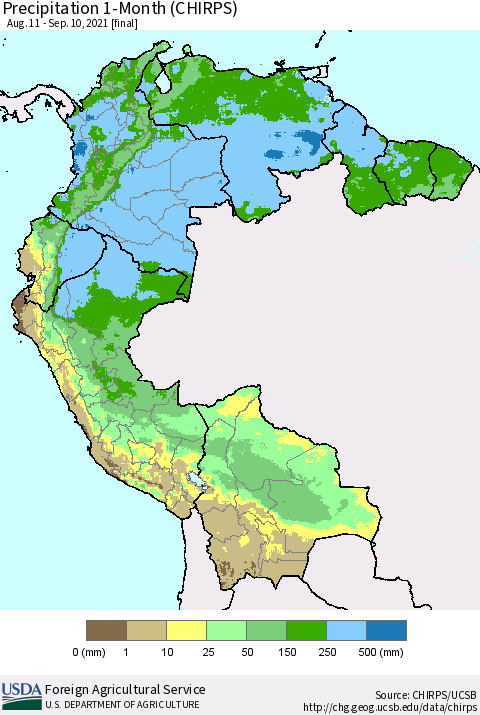 Northern South America Precipitation 1-Month (CHIRPS) Thematic Map For 8/11/2021 - 9/10/2021