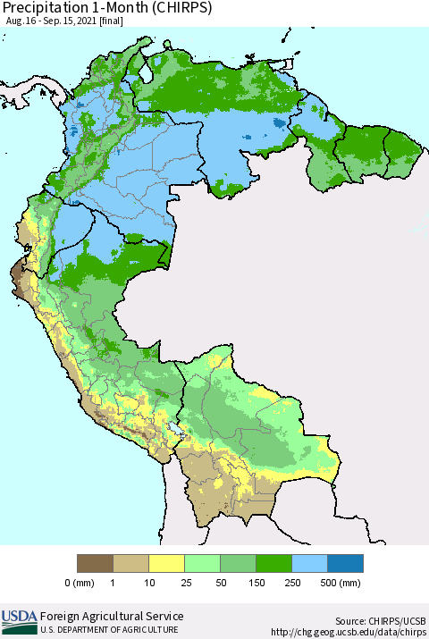 Northern South America Precipitation 1-Month (CHIRPS) Thematic Map For 8/16/2021 - 9/15/2021