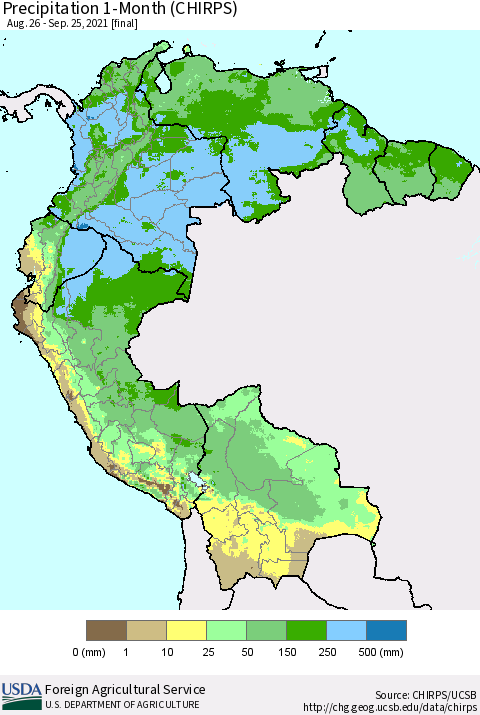 Northern South America Precipitation 1-Month (CHIRPS) Thematic Map For 8/26/2021 - 9/25/2021